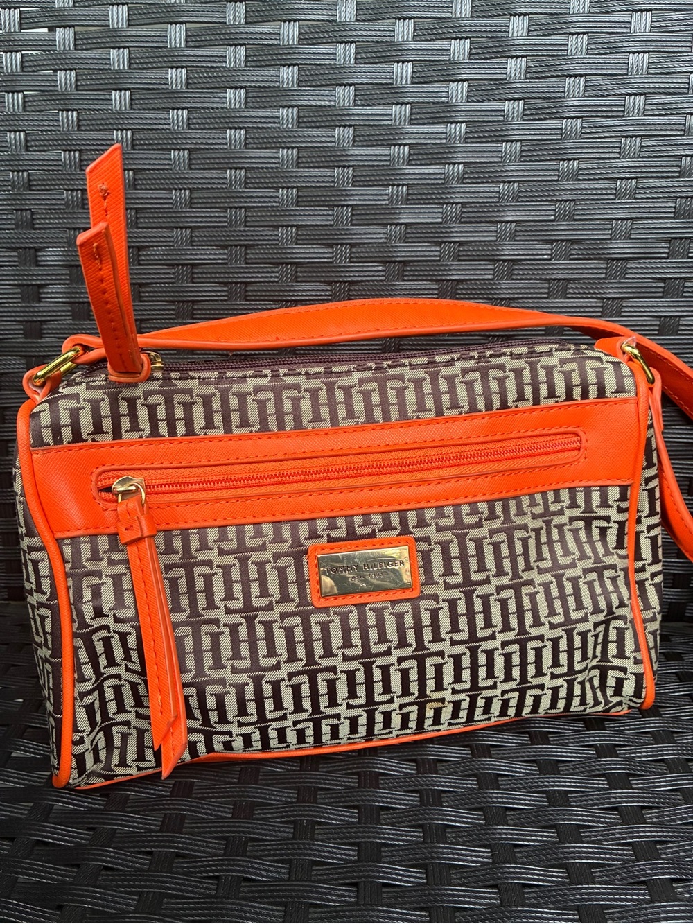 Tommy Hilfiger Brown Monogram Shoulder Bag with Orange Trim